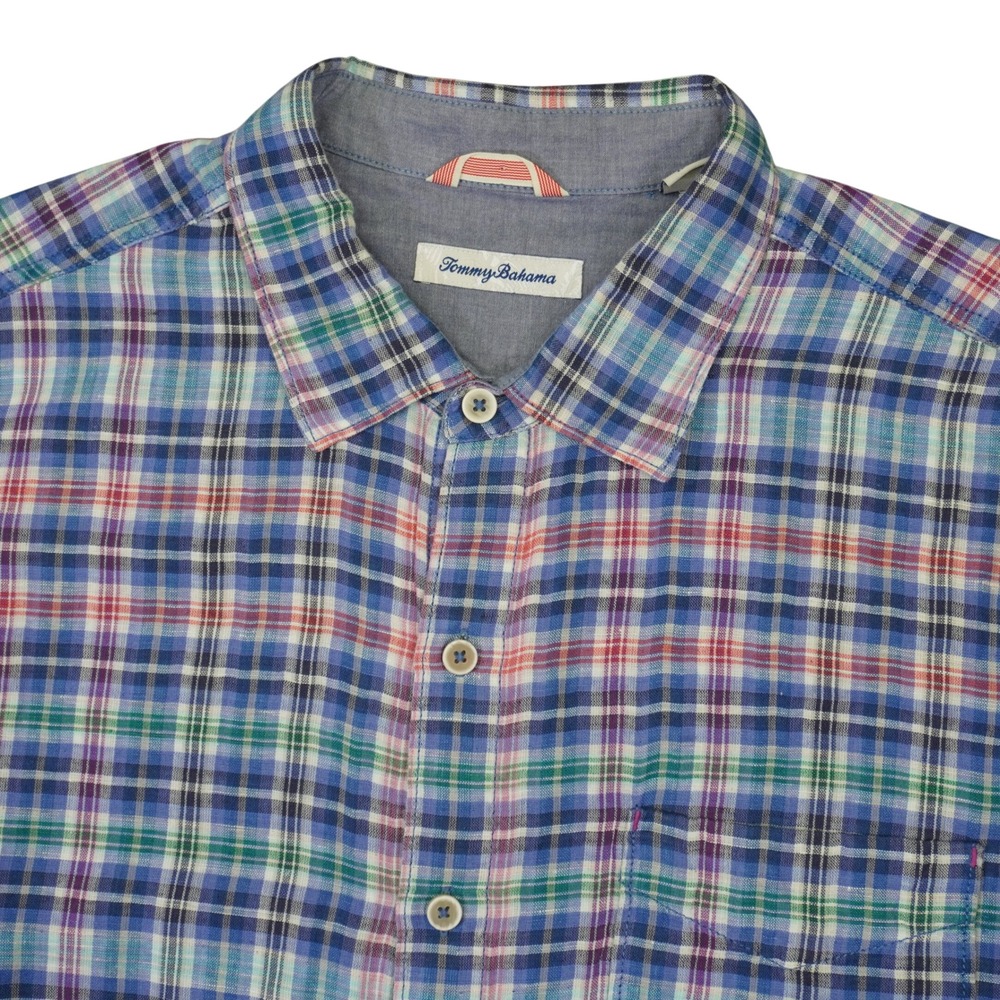 Tommy Bahama Button Up Shirt Mens XL Blue Plaid Linen Blend Short Sleeve